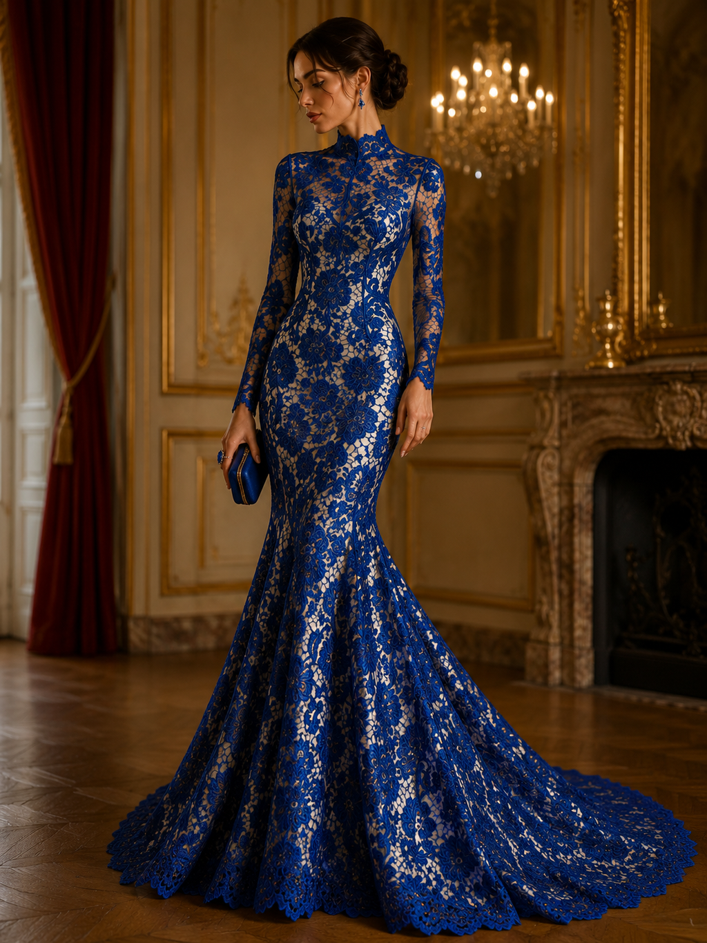 Floral Guipure Lace Fabric - ROYAL - Bridal Wedding Dress Lace a Mesh Fabric for Prom Dress. Sold By The Yard
