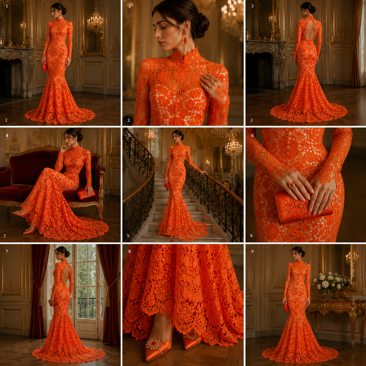 Floral Guipure Lace Fabric - ORANGE- Bridal Wedding Dress Lace a Mesh Fabric for Prom Dress. Sold By The Yard