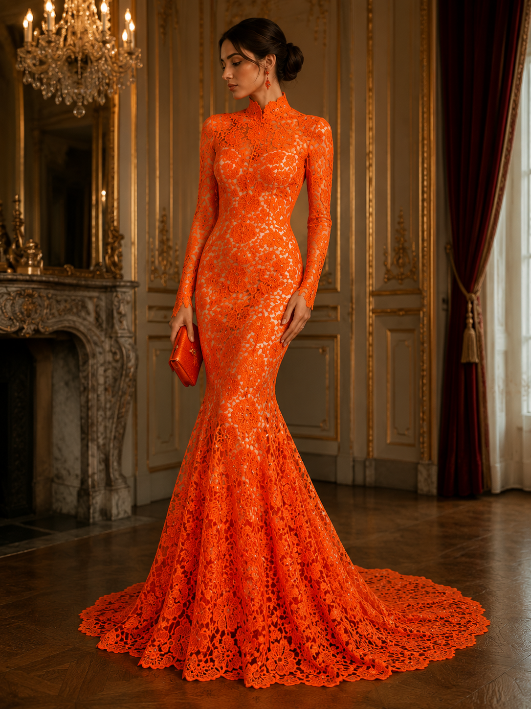 Floral Guipure Lace Fabric - ORANGE- Bridal Wedding Dress Lace a Mesh Fabric for Prom Dress. Sold By The Yard