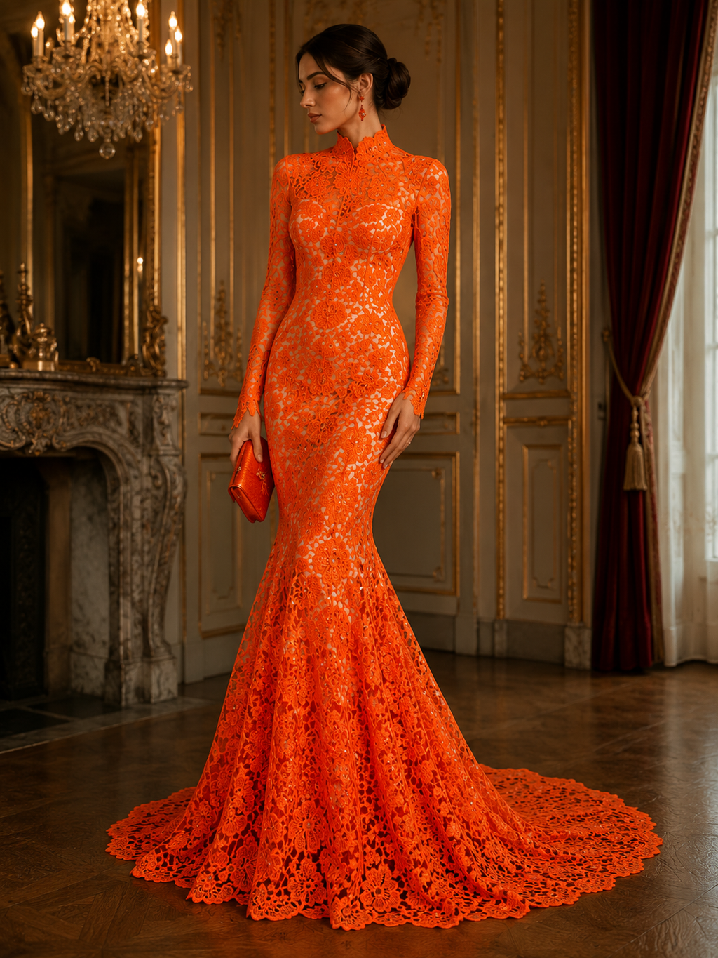 Floral Guipure Lace Fabric - ORANGE- Bridal Wedding Dress Lace a Mesh Fabric for Prom Dress. Sold By The Yard