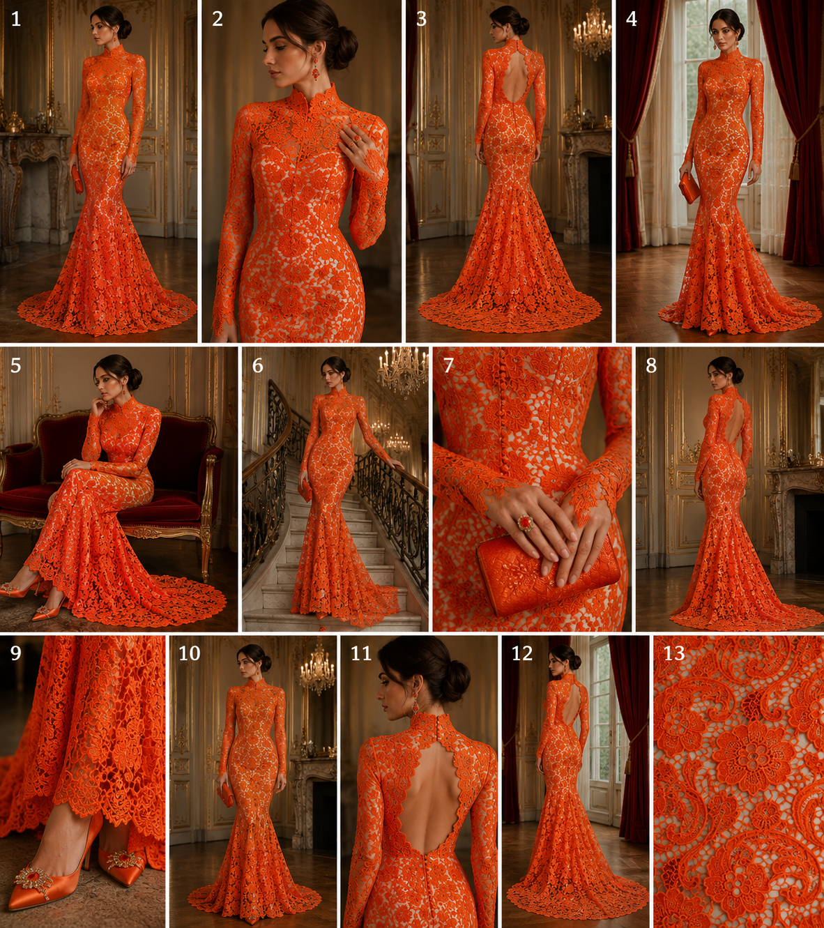 Floral Guipure Lace Fabric - ORANGE- Bridal Wedding Dress Lace a Mesh Fabric for Prom Dress. Sold By The Yard