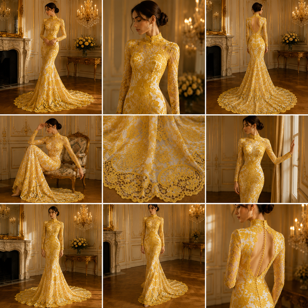 Floral Guipure Lace Fabric - YELLOW - Bridal Wedding Dress Lace a Mesh Fabric for Prom Dress. Sold By The Yard