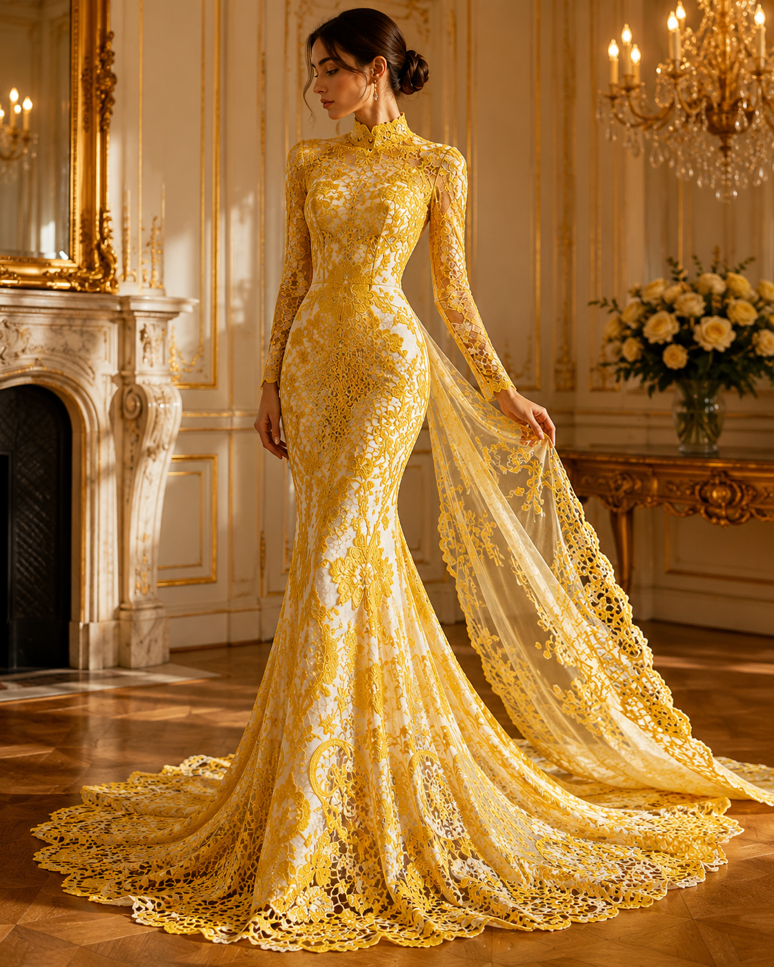 Floral Guipure Lace Fabric - YELLOW - Bridal Wedding Dress Lace a Mesh Fabric for Prom Dress. Sold By The Yard