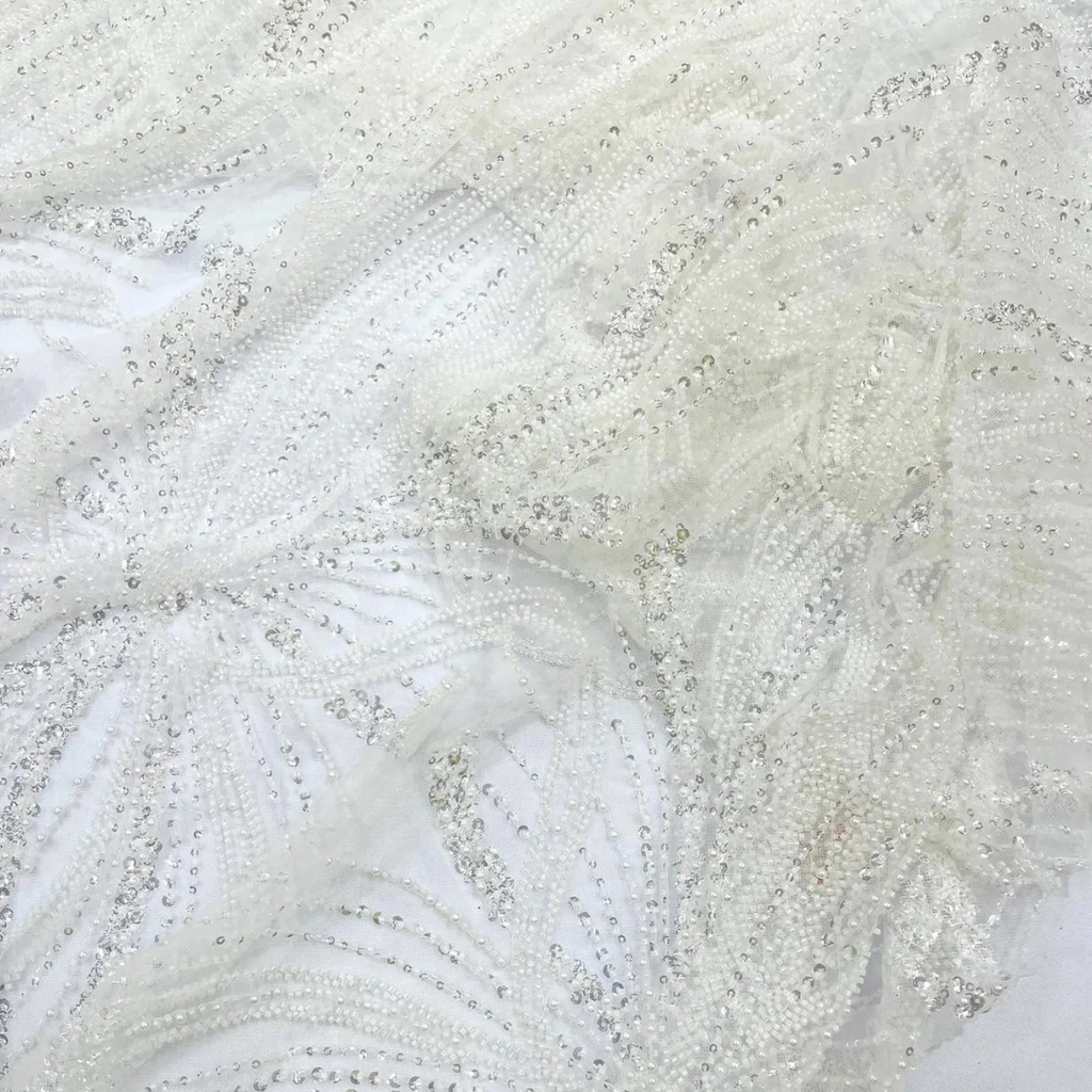 WHITE - Luxurious Design Lace - Beaded Design with Embroidered Sequins and Beads On a Mesh Lace Fabric By The Yard
