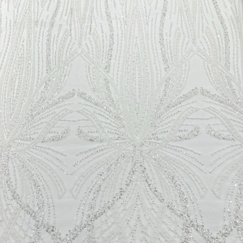 WHITE - Luxurious Design Lace - Beaded Design with Embroidered Sequins and Beads On a Mesh Lace Fabric By The Yard
