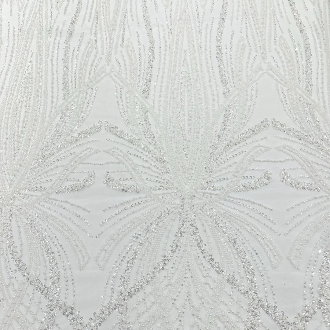 WHITE - Luxurious Design Lace - Beaded Design with Embroidered Sequins and Beads On a Mesh Lace Fabric By The Yard
