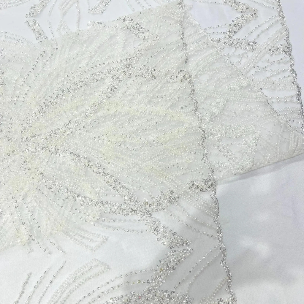 WHITE - Luxurious Design Lace - Beaded Design with Embroidered Sequins and Beads On a Mesh Lace Fabric By The Yard