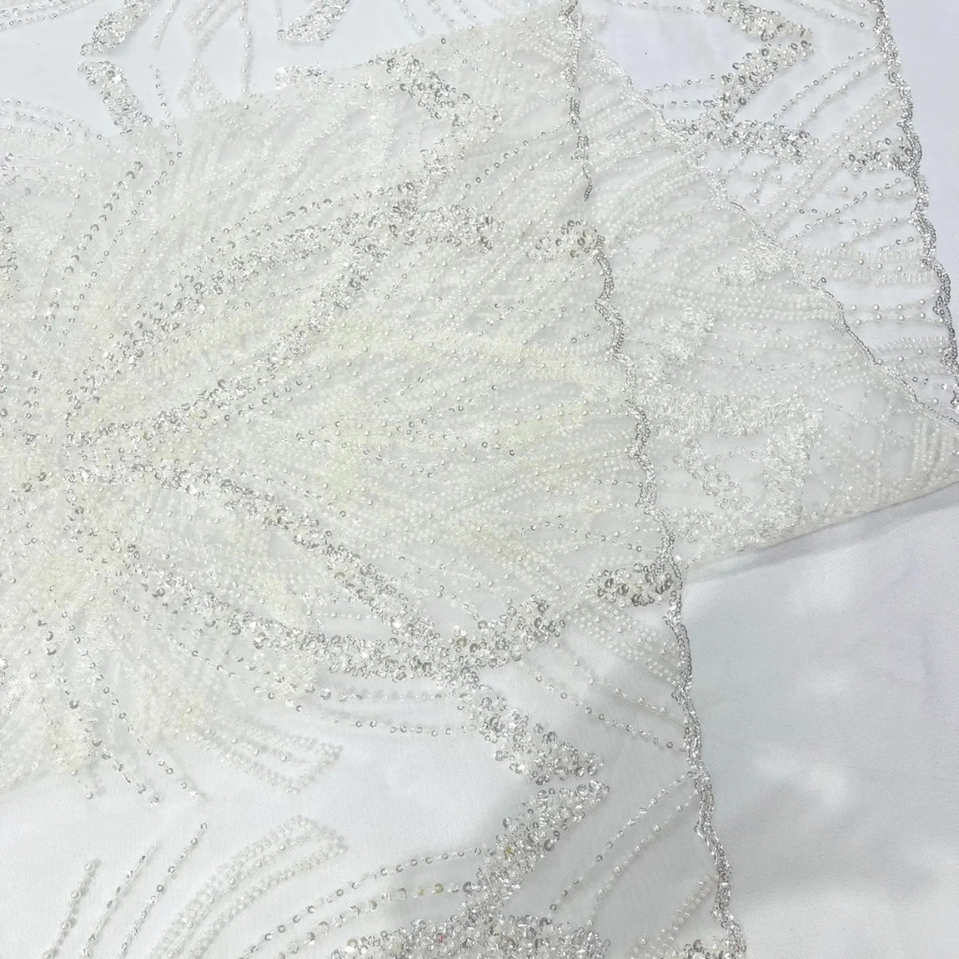 WHITE - Luxurious Design Lace - Beaded Design with Embroidered Sequins and Beads On a Mesh Lace Fabric By The Yard