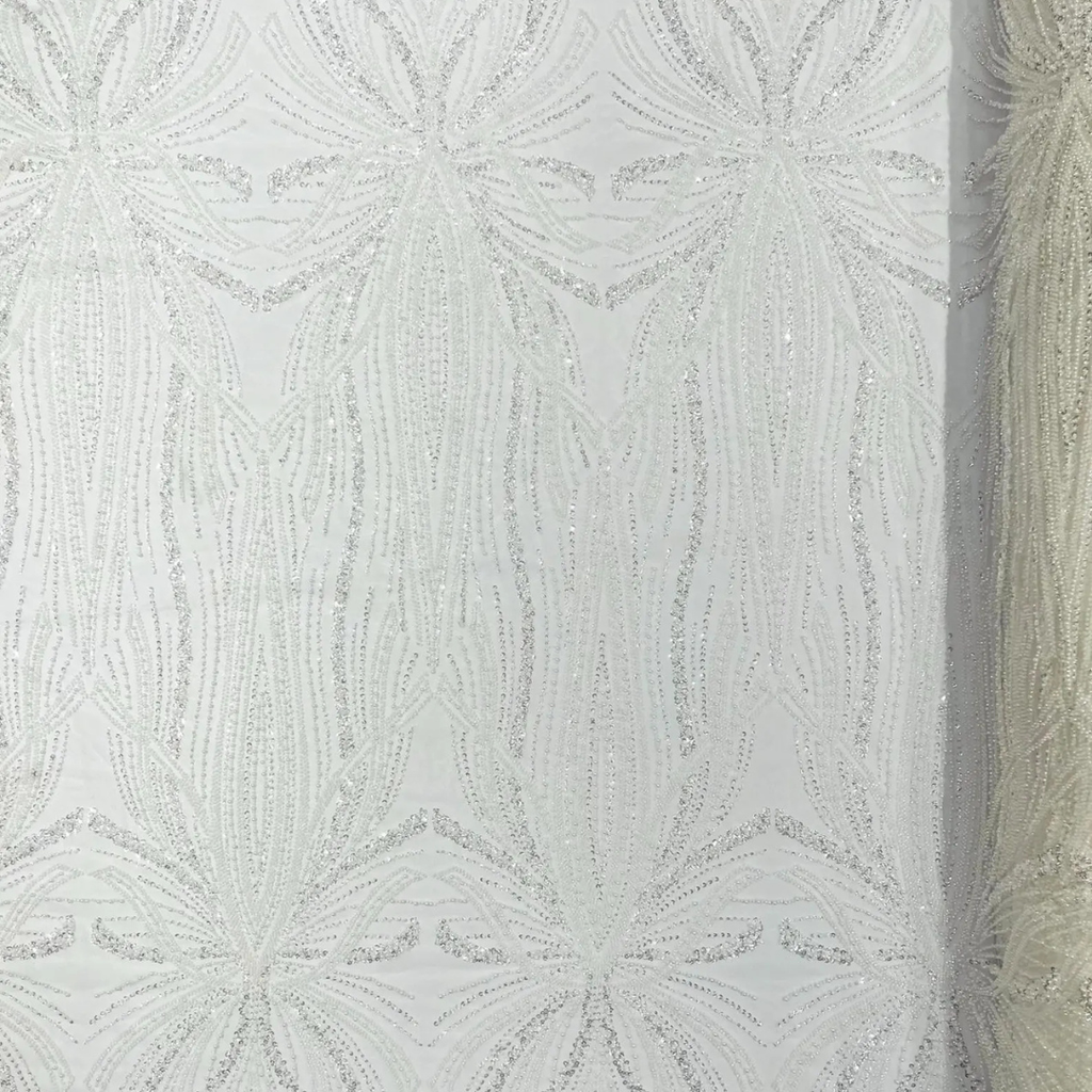 WHITE - Luxurious Design Lace - Beaded Design with Embroidered Sequins and Beads On a Mesh Lace Fabric By The Yard