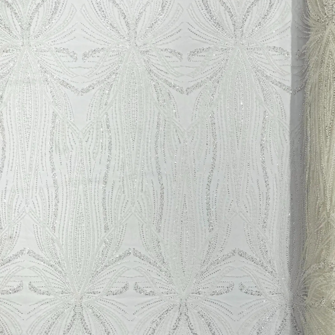 WHITE - Luxurious Design Lace - Beaded Design with Embroidered Sequins and Beads On a Mesh Lace Fabric By The Yard