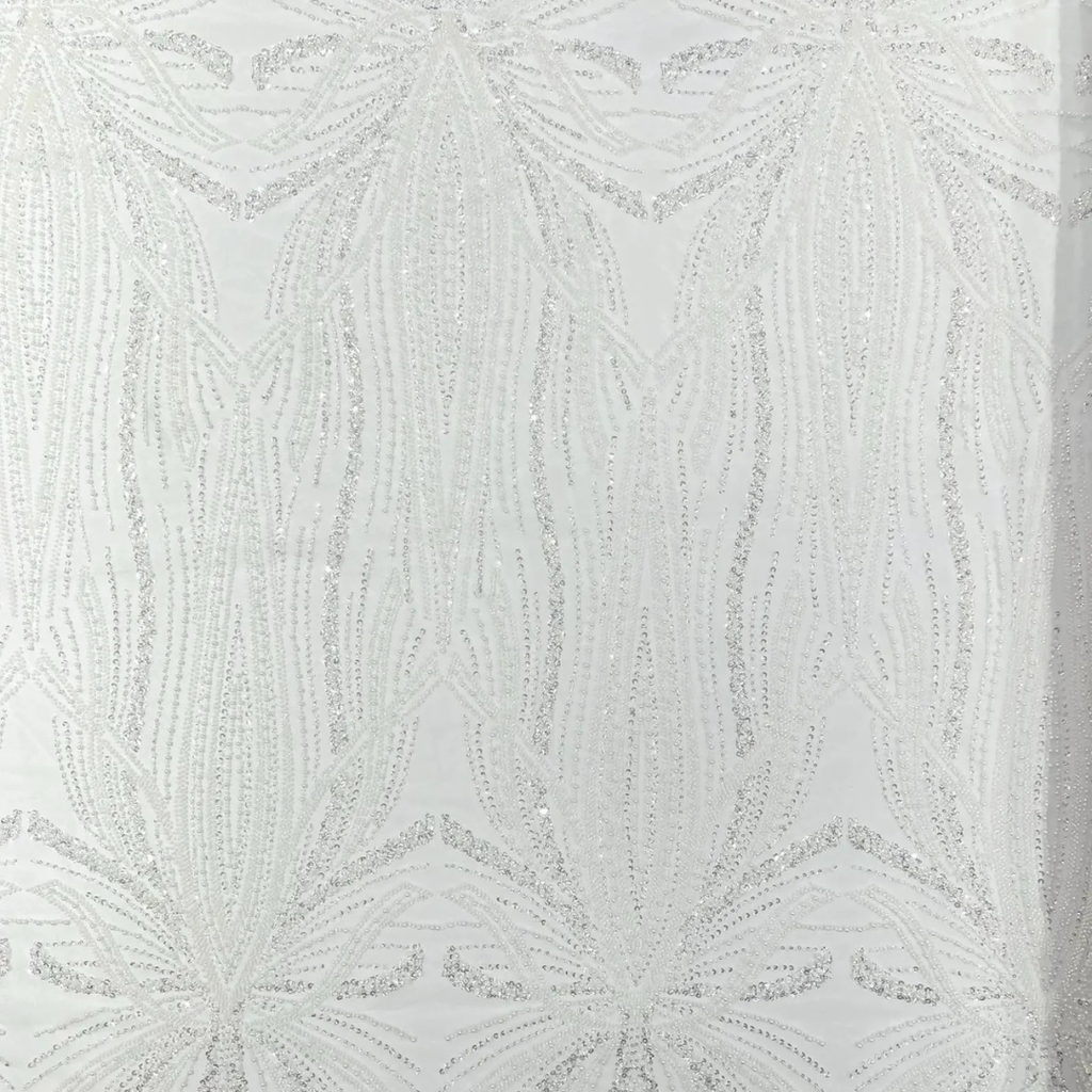 WHITE - Luxurious Design Lace - Beaded Design with Embroidered Sequins and Beads On a Mesh Lace Fabric By The Yard