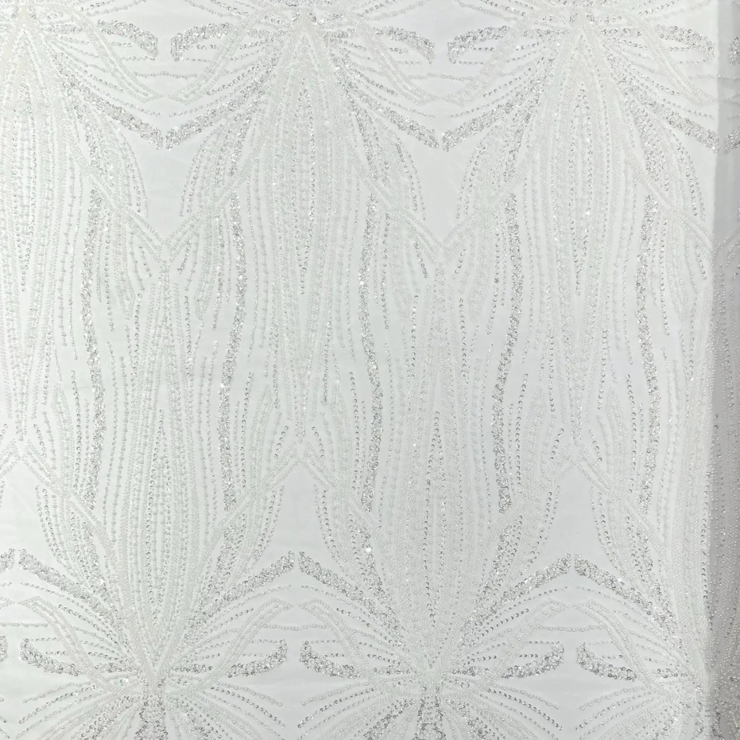 WHITE - Luxurious Design Lace - Beaded Design with Embroidered Sequins and Beads On a Mesh Lace Fabric By The Yard