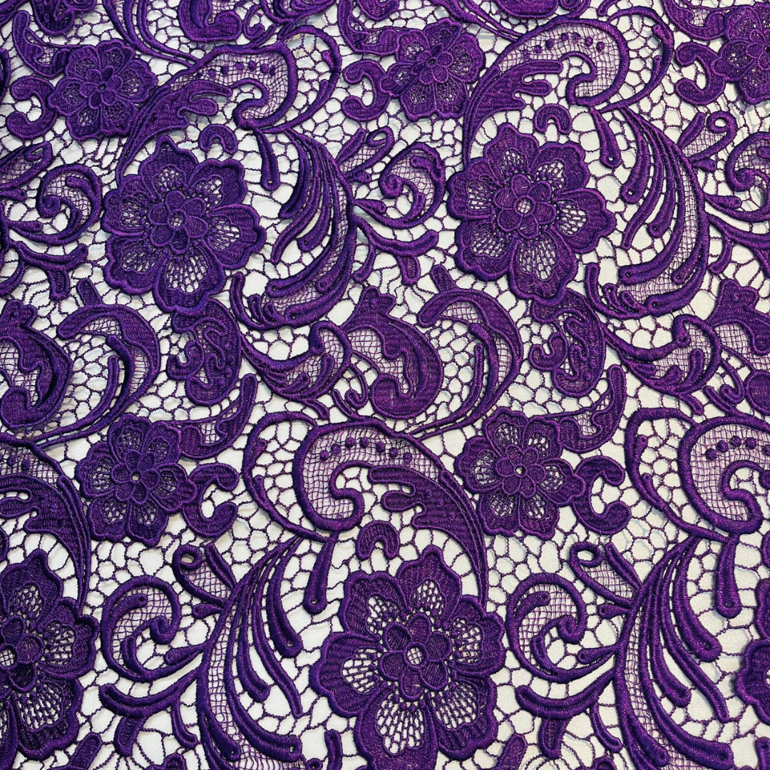 Floral Guipure Lace Fabric - PURPLE - Bridal Wedding Dress Lace a Mesh Fabric for Prom Dress. Sold By The Yard