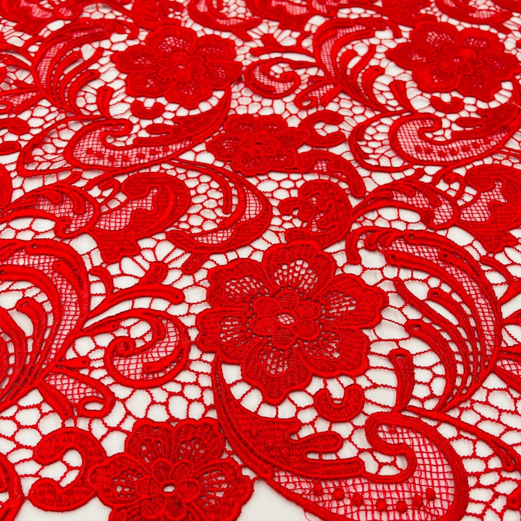 Floral Guipure Lace Fabric - RED - Bridal Wedding Dress Lace a Mesh Fabric for Prom Dress. Sold By The Yard