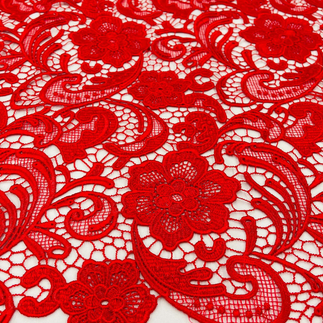 Floral Guipure Lace Fabric - RED - Bridal Wedding Dress Lace a Mesh Fabric for Prom Dress. Sold By The Yard