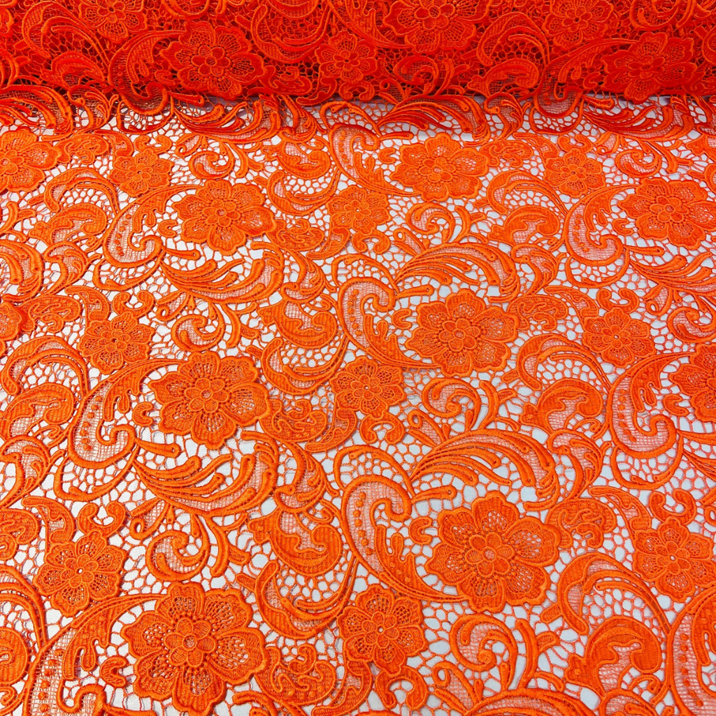 Floral Guipure Lace Fabric - ORANGE- Bridal Wedding Dress Lace a Mesh Fabric for Prom Dress. Sold By The Yard