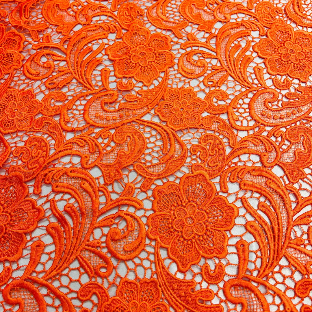 Floral Guipure Lace Fabric - ORANGE- Bridal Wedding Dress Lace a Mesh Fabric for Prom Dress. Sold By The Yard