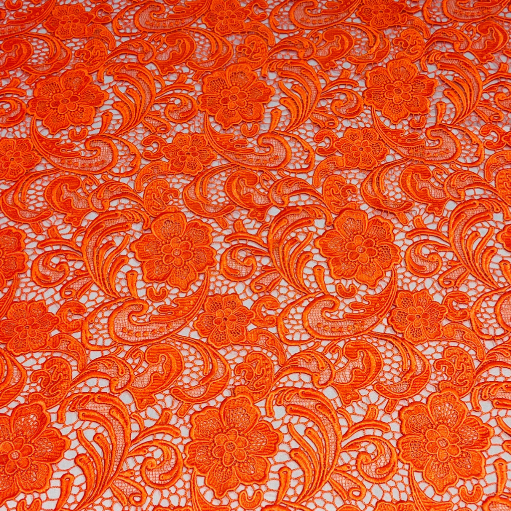 Floral Guipure Lace Fabric - ORANGE- Bridal Wedding Dress Lace a Mesh Fabric for Prom Dress. Sold By The Yard