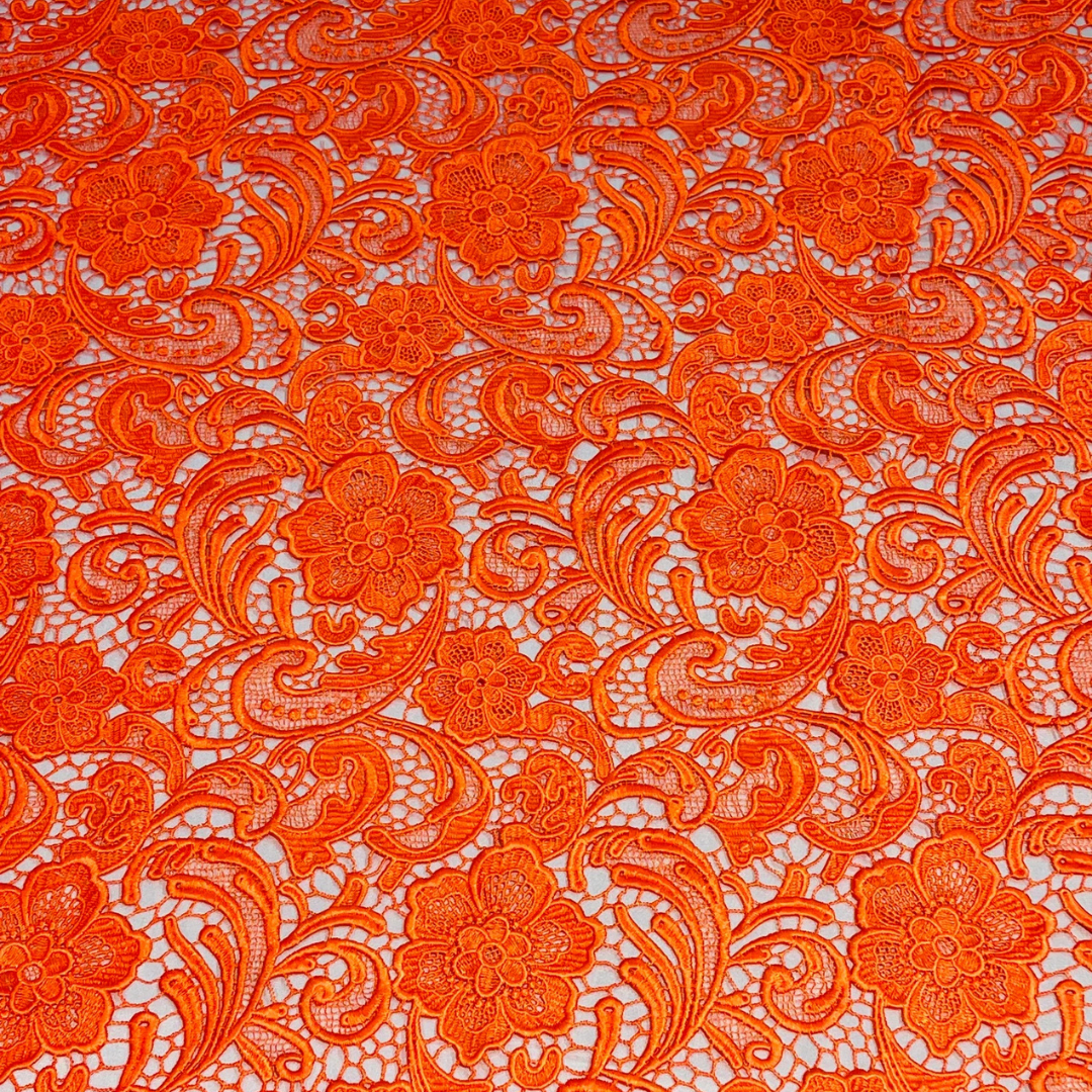 Floral Guipure Lace Fabric - ORANGE- Bridal Wedding Dress Lace a Mesh Fabric for Prom Dress. Sold By The Yard