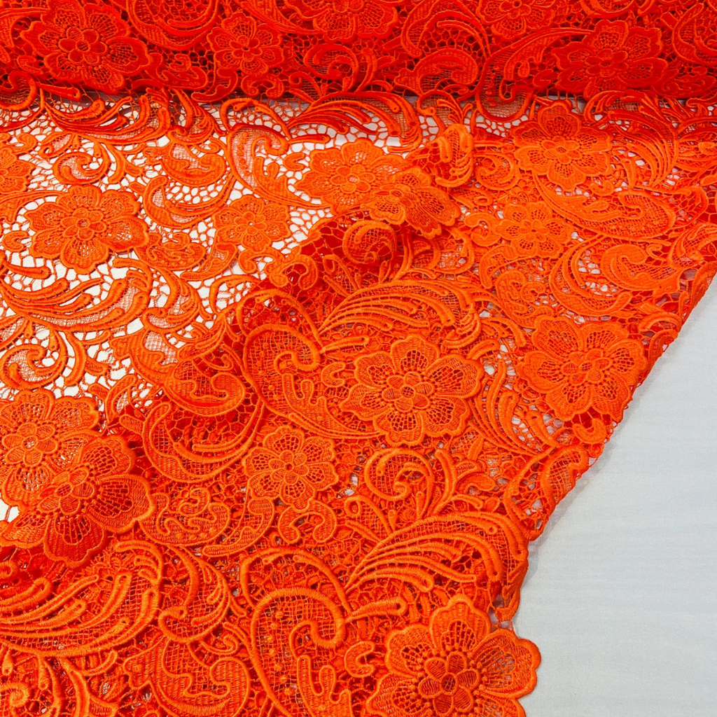 Floral Guipure Lace Fabric - ORANGE- Bridal Wedding Dress Lace a Mesh Fabric for Prom Dress. Sold By The Yard