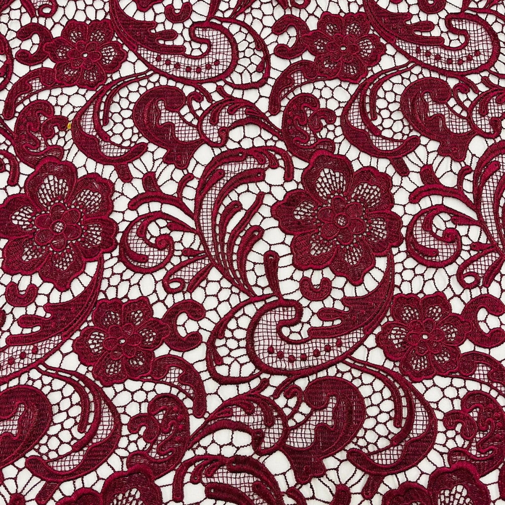 Floral Guipure Lace Fabric - BURGUNDY - Bridal Wedding Dress Lace a Mesh Fabric for Prom Dress. Sold By The Yard