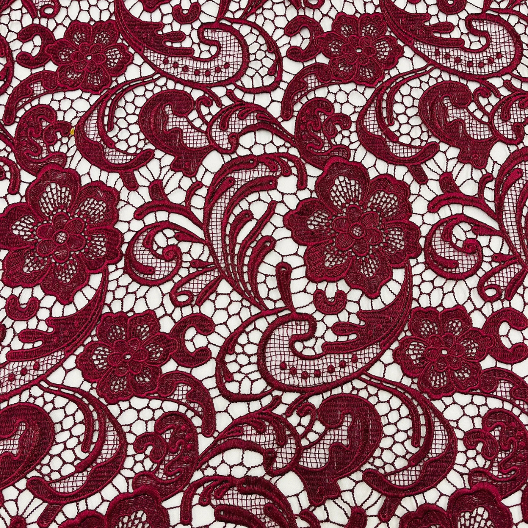 Floral Guipure Lace Fabric - BURGUNDY - Bridal Wedding Dress Lace a Mesh Fabric for Prom Dress. Sold By The Yard