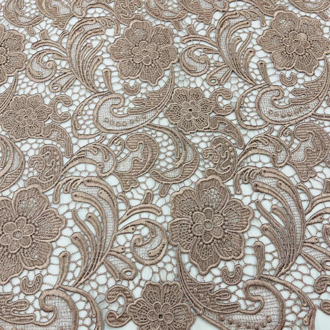Floral Guipure Lace Fabric - COFFEE - Bridal Wedding Dress Lace a Mesh Fabric for Prom Dress. Sold By The Yard