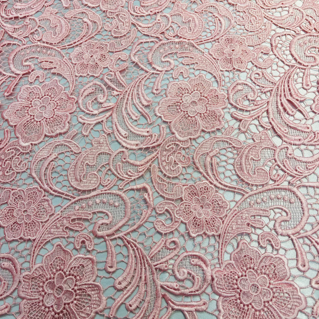 Floral Guipure Lace Fabric - PINK - Bridal Wedding Dress Lace a Mesh Fabric for Prom Dress. Sold By The Yard