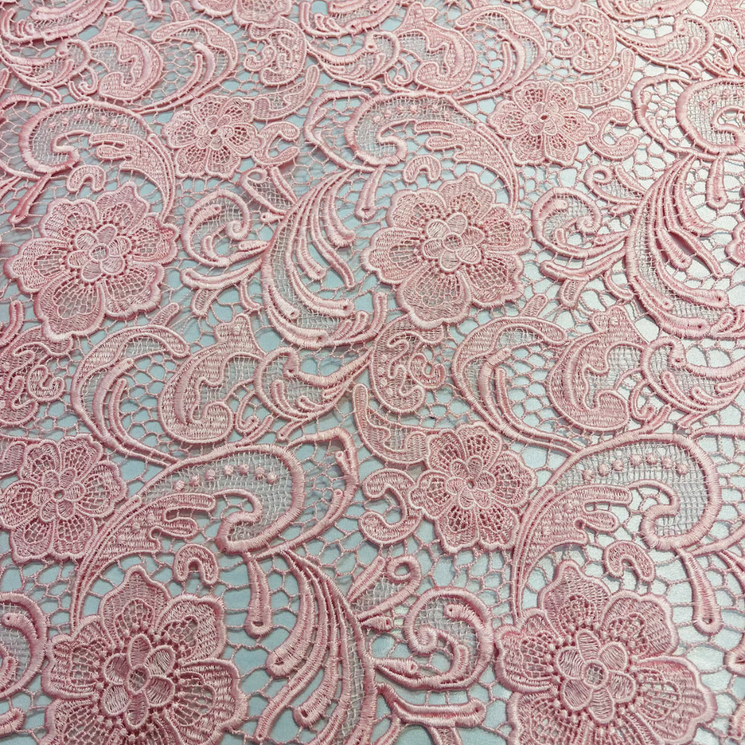 Floral Guipure Lace Fabric - PINK - Bridal Wedding Dress Lace a Mesh Fabric for Prom Dress. Sold By The Yard