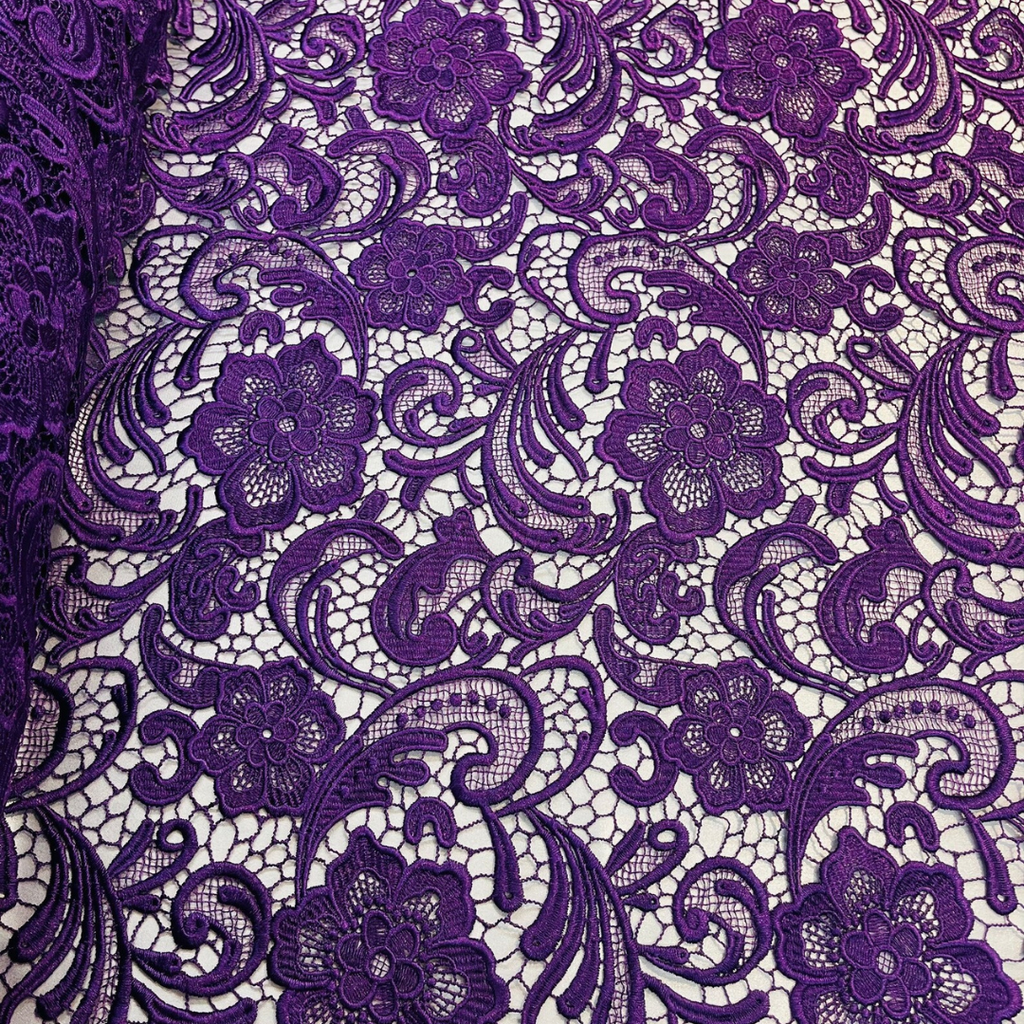 Floral Guipure Lace Fabric - PURPLE - Bridal Wedding Dress Lace a Mesh Fabric for Prom Dress. Sold By The Yard
