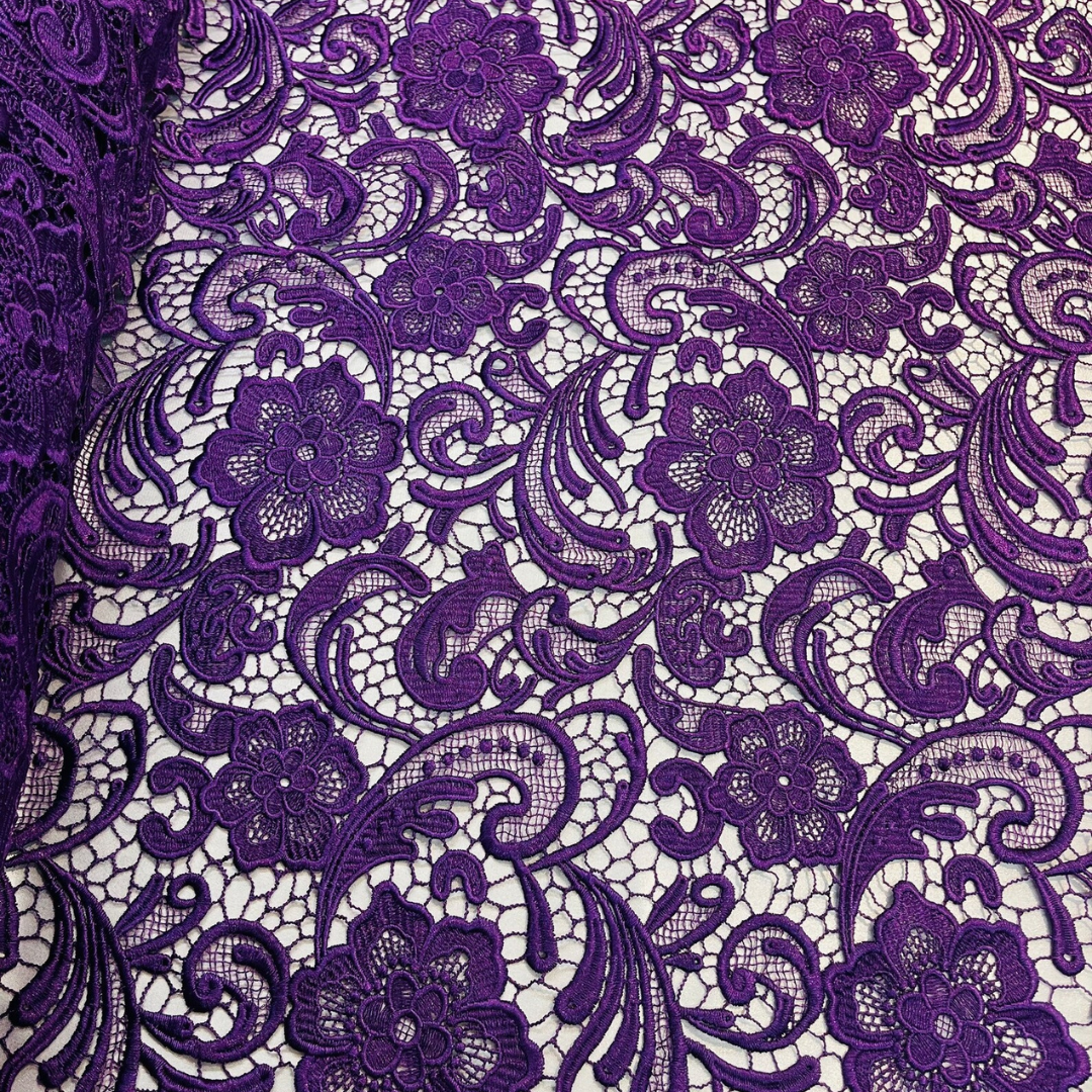 Floral Guipure Lace Fabric - PURPLE - Bridal Wedding Dress Lace a Mesh Fabric for Prom Dress. Sold By The Yard