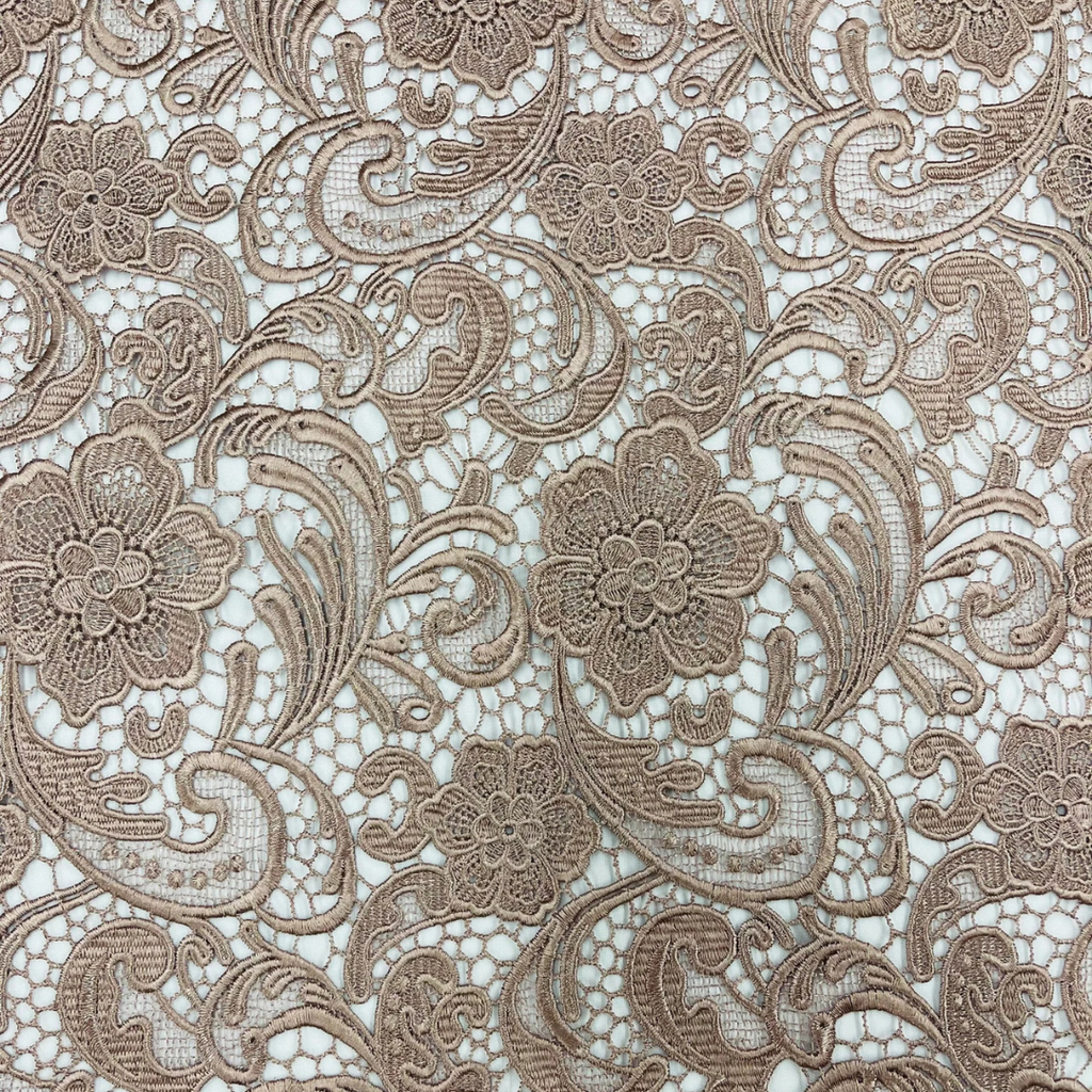 Floral Guipure Lace Fabric - COFFEE - Bridal Wedding Dress Lace a Mesh Fabric for Prom Dress. Sold By The Yard