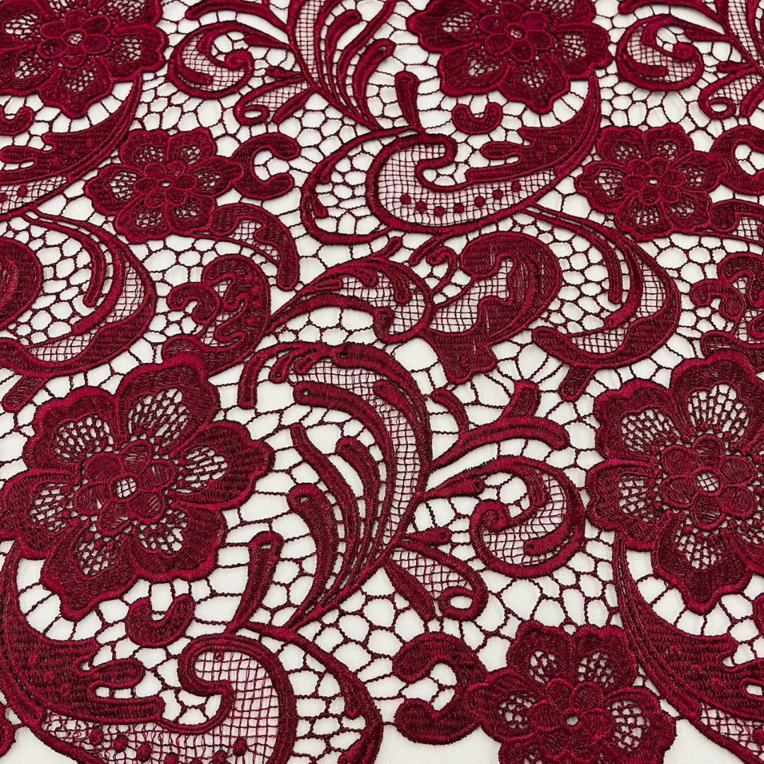 Floral Guipure Lace Fabric - BURGUNDY - Bridal Wedding Dress Lace a Mesh Fabric for Prom Dress. Sold By The Yard