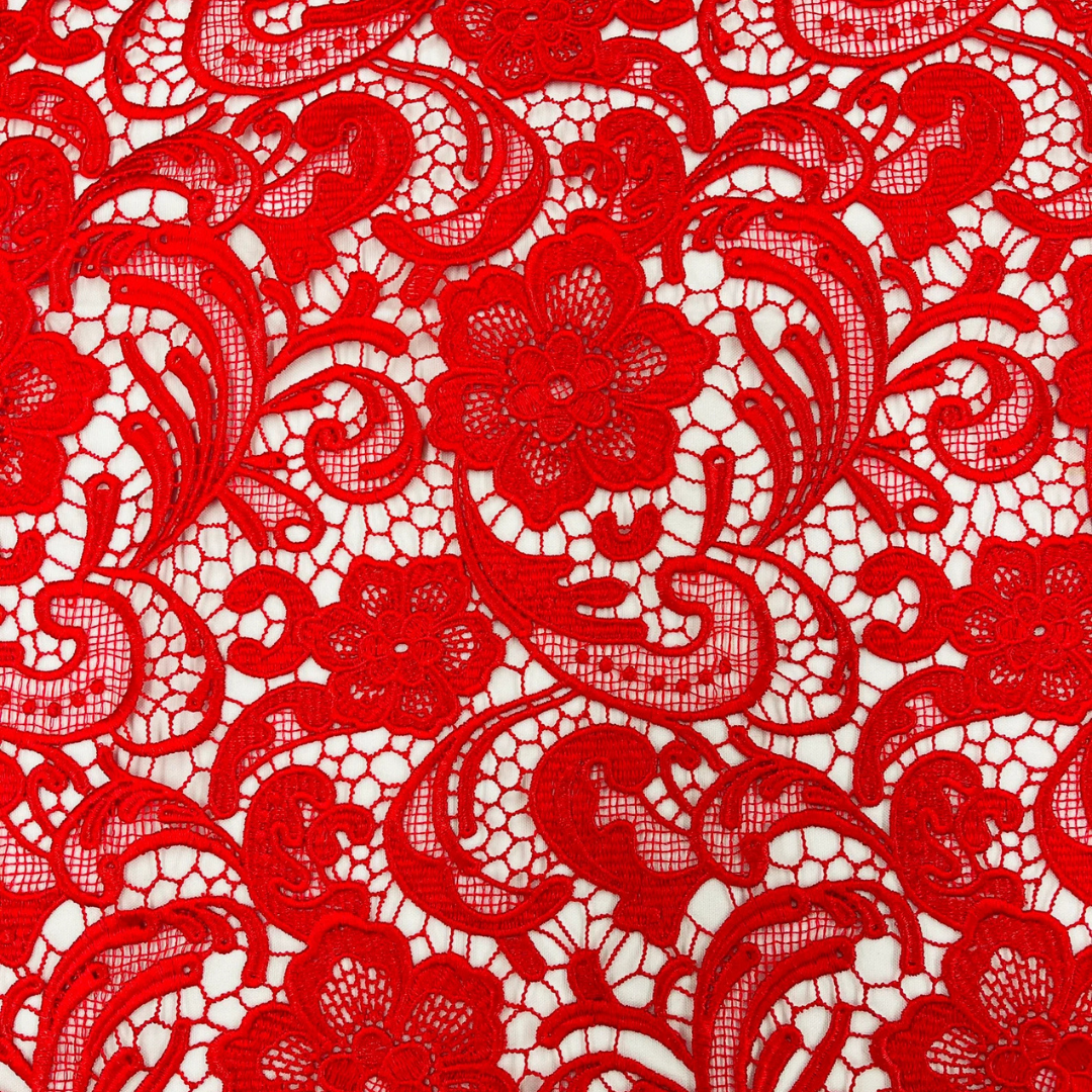 Floral Guipure Lace Fabric - RED - Bridal Wedding Dress Lace a Mesh Fabric for Prom Dress. Sold By The Yard