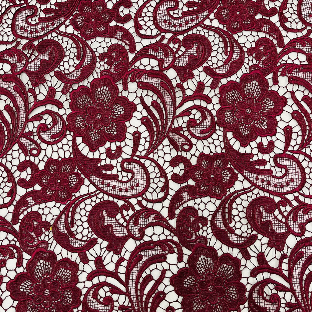 Floral Guipure Lace Fabric - BURGUNDY - Bridal Wedding Dress Lace a Mesh Fabric for Prom Dress. Sold By The Yard