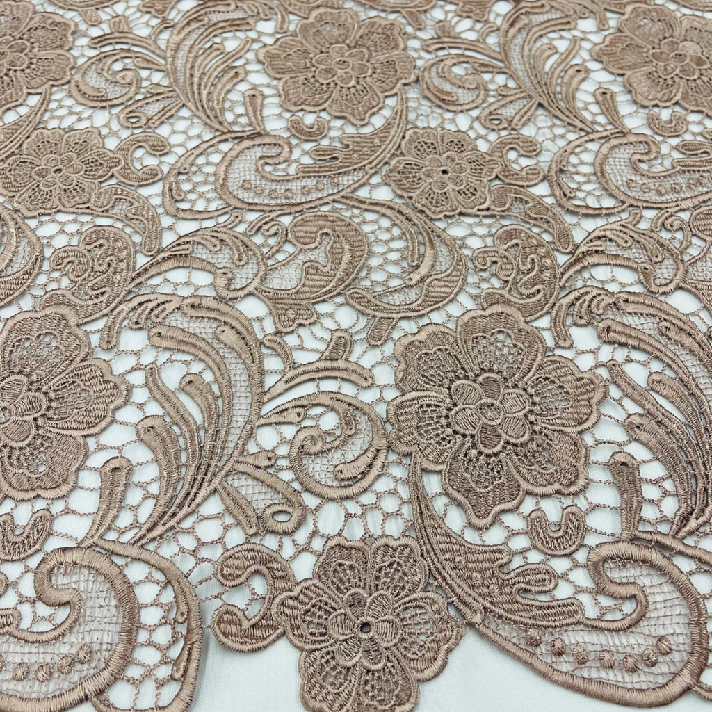 Floral Guipure Lace Fabric - COFFEE - Bridal Wedding Dress Lace a Mesh Fabric for Prom Dress. Sold By The Yard