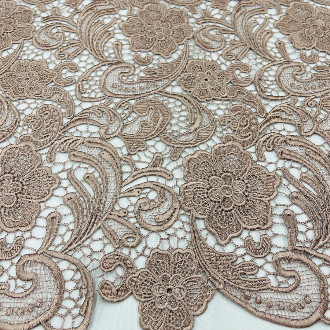 Floral Guipure Lace Fabric - COFFEE - Bridal Wedding Dress Lace a Mesh Fabric for Prom Dress. Sold By The Yard