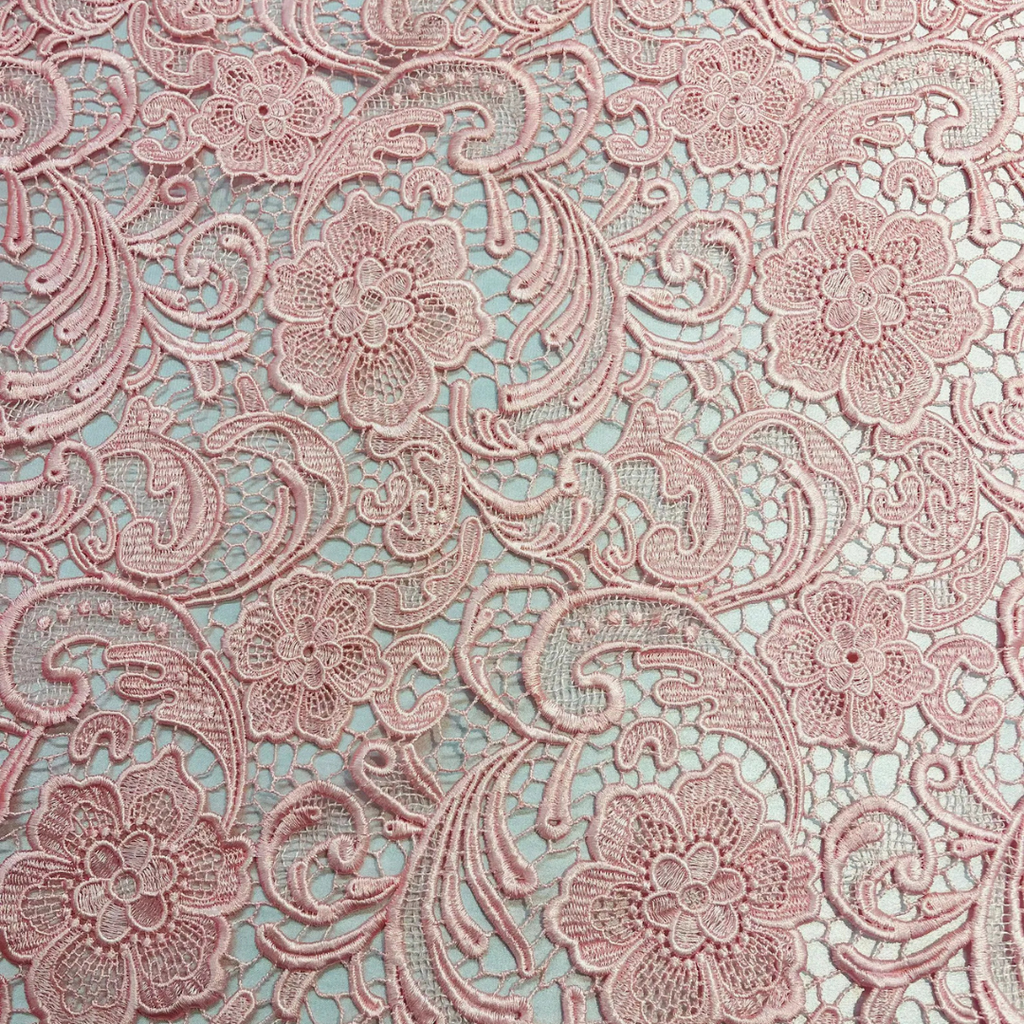 Floral Guipure Lace Fabric - PINK - Bridal Wedding Dress Lace a Mesh Fabric for Prom Dress. Sold By The Yard