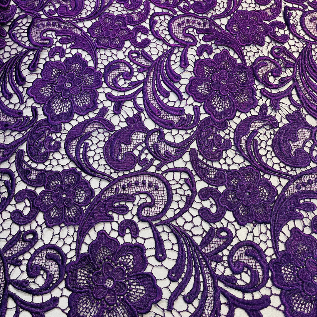 Floral Guipure Lace Fabric - PURPLE - Bridal Wedding Dress Lace a Mesh Fabric for Prom Dress. Sold By The Yard