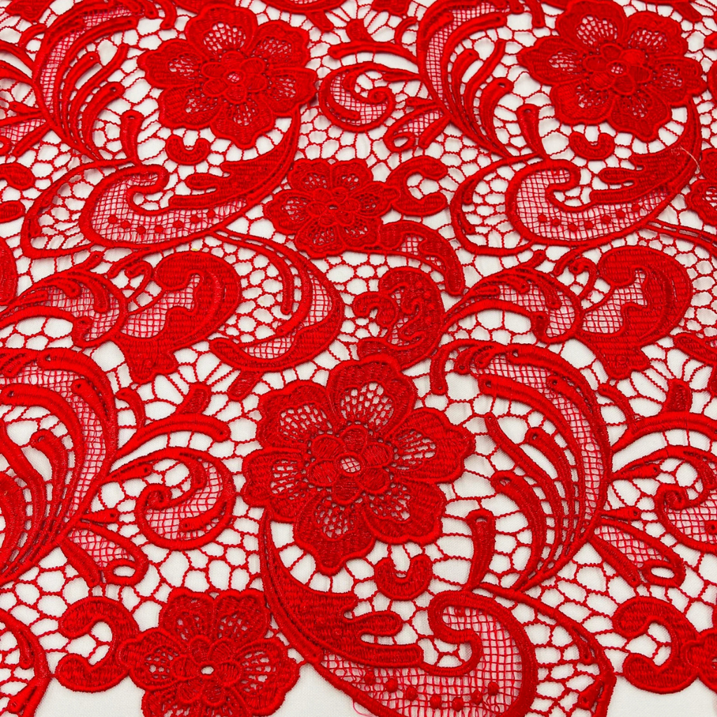 Floral Guipure Lace Fabric - RED - Bridal Wedding Dress Lace a Mesh Fabric for Prom Dress. Sold By The Yard