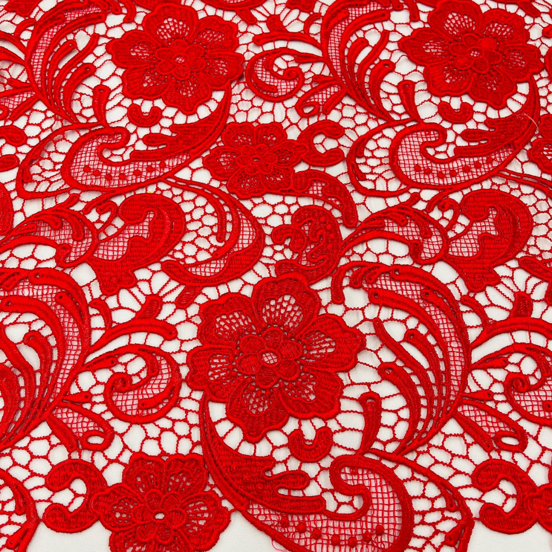 Floral Guipure Lace Fabric - RED - Bridal Wedding Dress Lace a Mesh Fabric for Prom Dress. Sold By The Yard