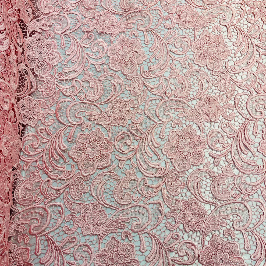 Floral Guipure Lace Fabric - PINK - Bridal Wedding Dress Lace a Mesh Fabric for Prom Dress. Sold By The Yard