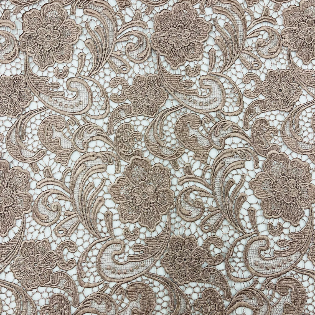 Floral Guipure Lace Fabric - COFFEE - Bridal Wedding Dress Lace a Mesh Fabric for Prom Dress. Sold By The Yard