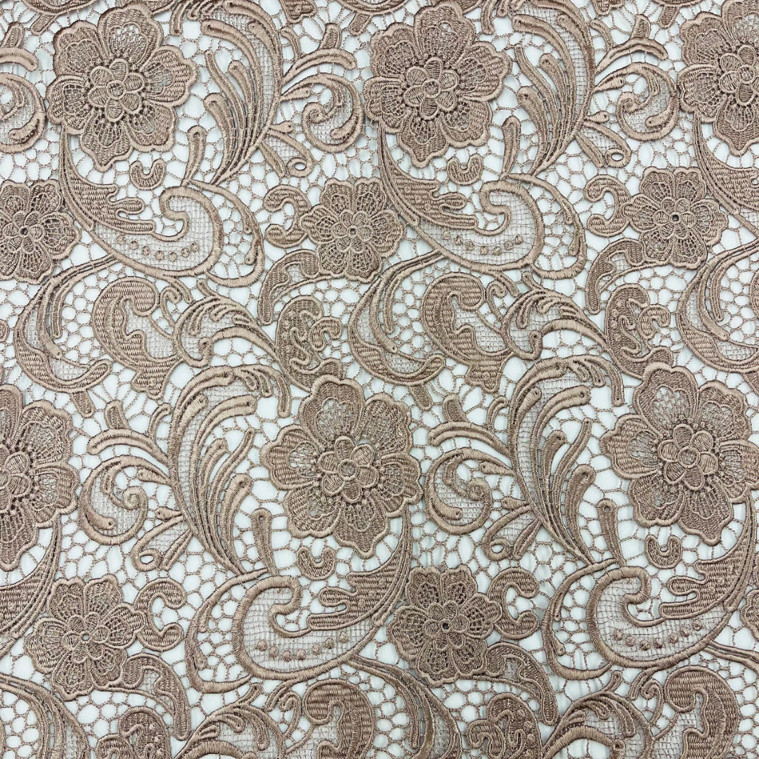 Floral Guipure Lace Fabric - COFFEE - Bridal Wedding Dress Lace a Mesh Fabric for Prom Dress. Sold By The Yard