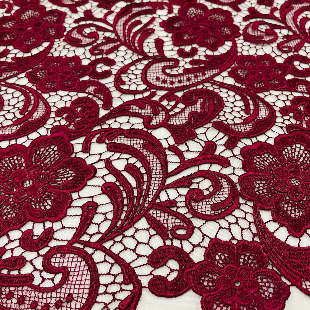 Floral Guipure Lace Fabric - BURGUNDY - Bridal Wedding Dress Lace a Mesh Fabric for Prom Dress. Sold By The Yard