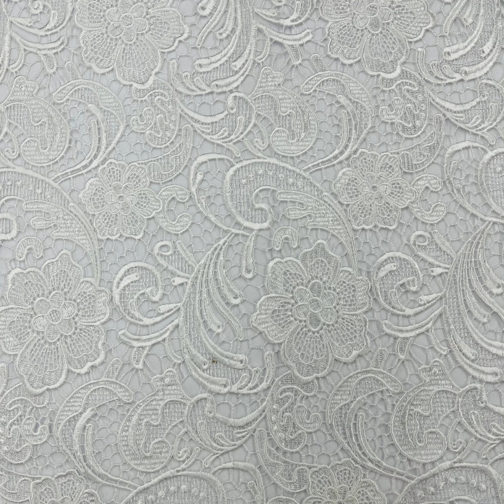 Floral Guipure Lace Fabric - WHITE - Bridal Wedding Dress Lace a Mesh Fabric for Prom Dress. Sold By The Yard