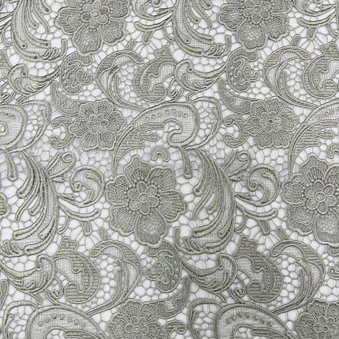 Floral Guipure Lace Fabric - SILVER - Bridal Wedding Dress Lace a Mesh Fabric for Prom Dress. Sold By The Yard
