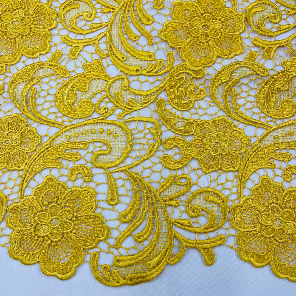 Floral Guipure Lace Fabric - YELLOW - Bridal Wedding Dress Lace a Mesh Fabric for Prom Dress. Sold By The Yard