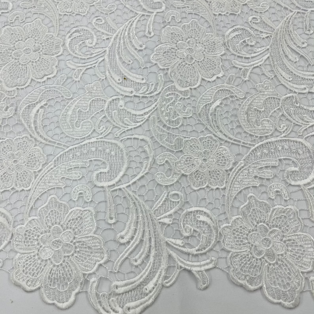 Floral Guipure Lace Fabric - WHITE - Bridal Wedding Dress Lace a Mesh Fabric for Prom Dress. Sold By The Yard