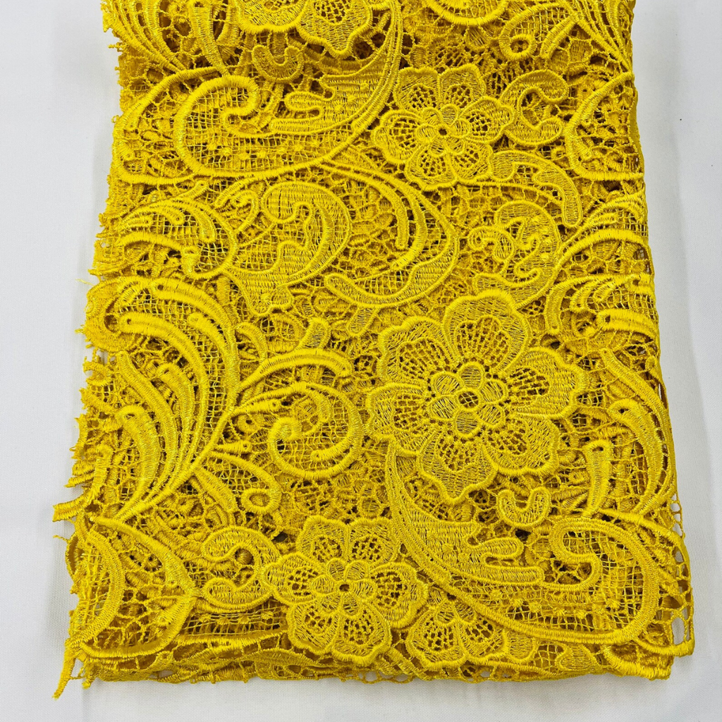 Floral Guipure Lace Fabric - YELLOW - Bridal Wedding Dress Lace a Mesh Fabric for Prom Dress. Sold By The Yard